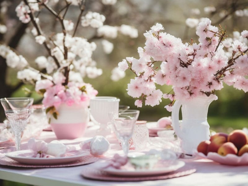 A Bridal Shower table set with pink and white flowers.