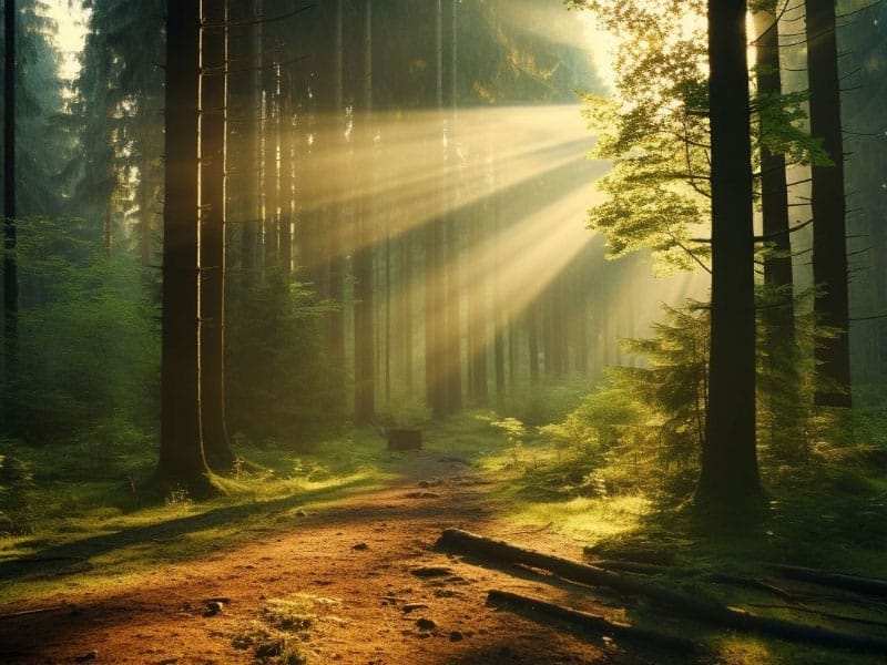 The sun shines through the trees in a forest.