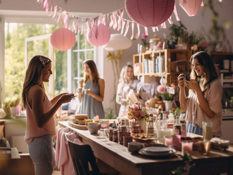 A group of women standing around a table at a Bridal Shower.