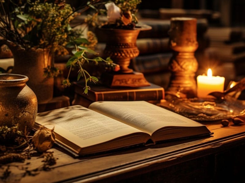 An open book and candles on a table.