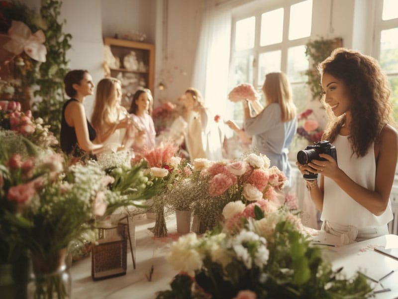 A group of women taking pictures of flowers at a Bridal Shower.