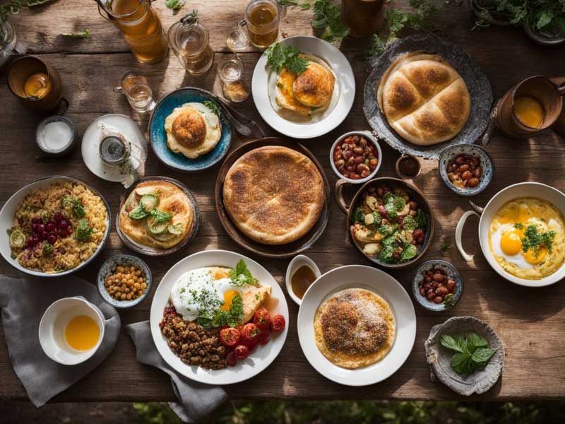 A table full of food with African & Middle Eastern Breakfast Traditions on a wooden table.