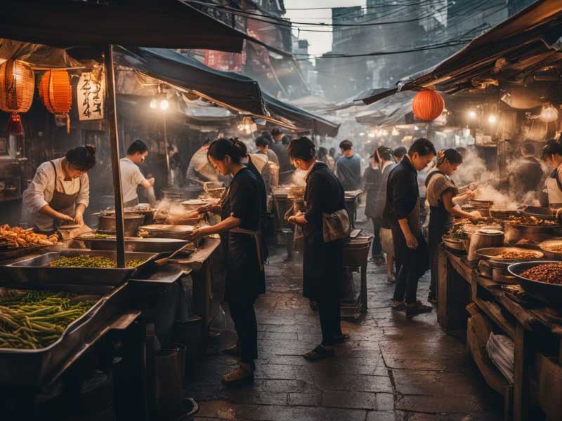 An asian street food market at night.