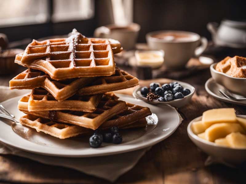 A stack of Belgian Waffles on a plate on a wooden table.