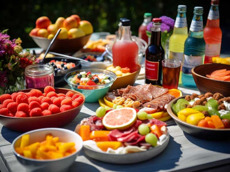 A table full of fruit and drinks on a patio.