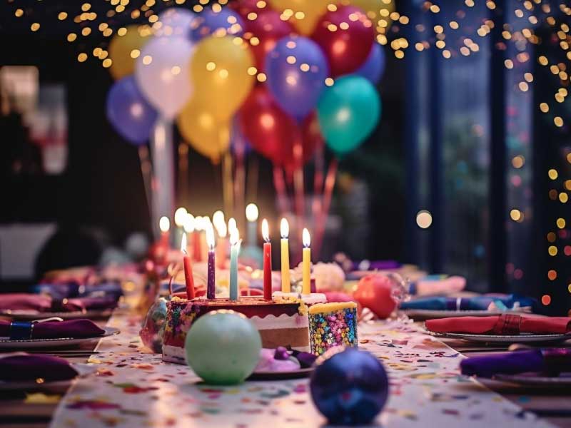 A birthday party with balloons and candles on a table.