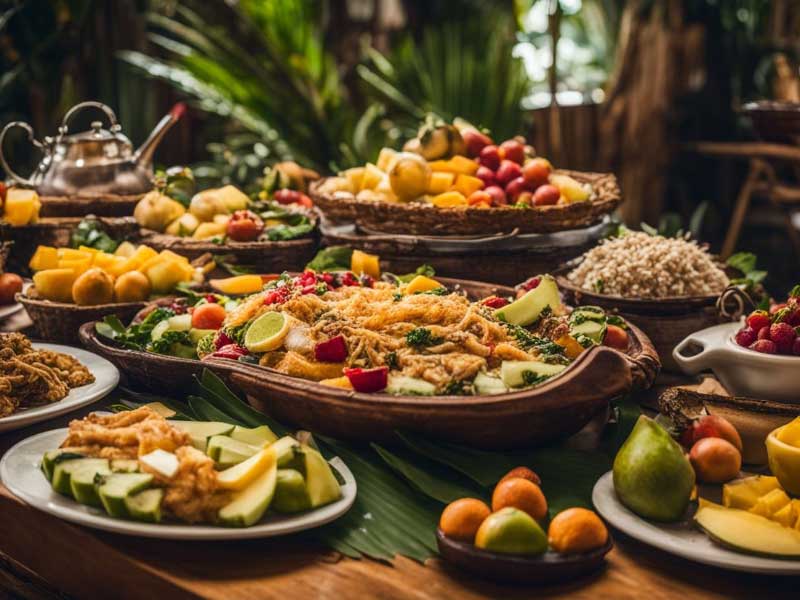 A buffet of Brazilian foods on a wooden table.