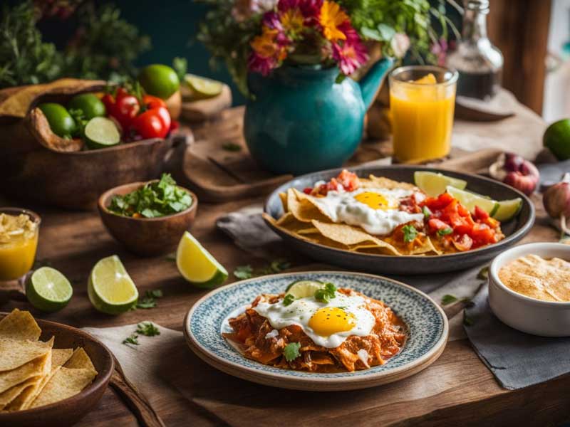 Chilaquiles breakfast on a wooden table.