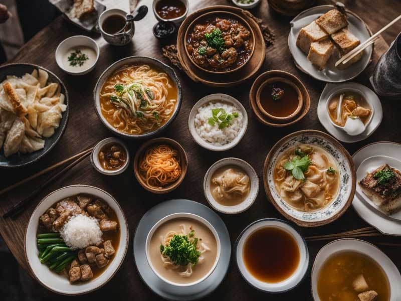 A table full of asian food on a wooden table.