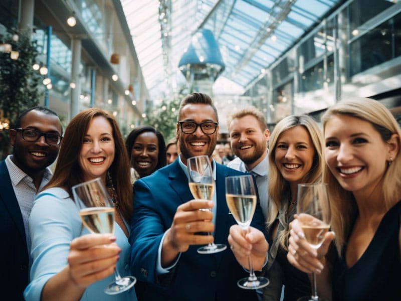 A group of business people toasting with champagne glasses at a corporate party.