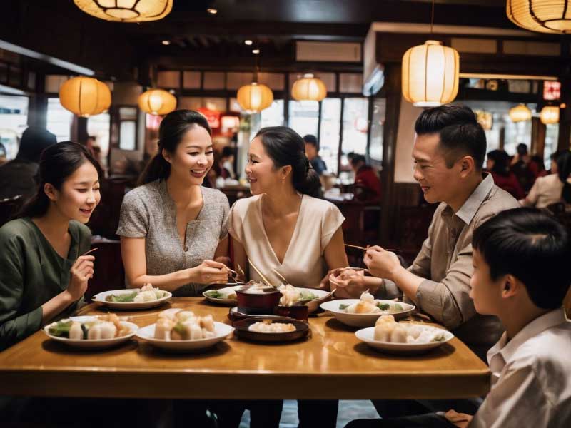 A group of asian people eating Dim sum Breakfast Tradition at a restaurant.