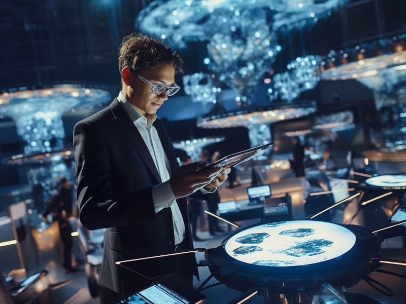 A man in a suit is using a tablet in a room full of lights.