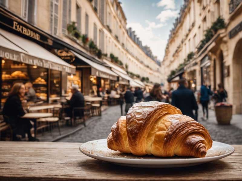 A French Croissant on a plate on a table in a city.