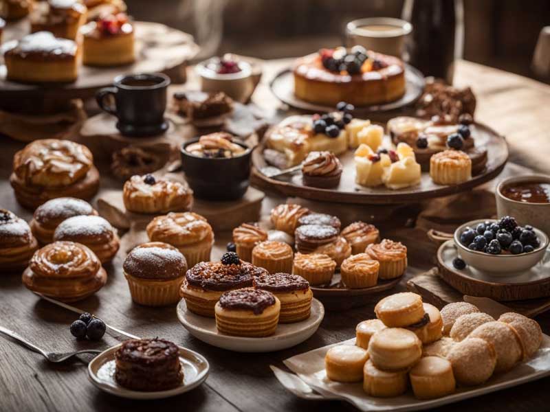 A table full of French desserts & pastries.