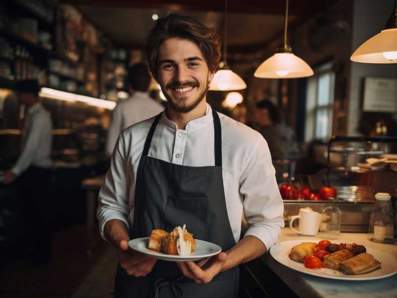 A smiling waiter holding a plate of breakfast food in a restaurant.
