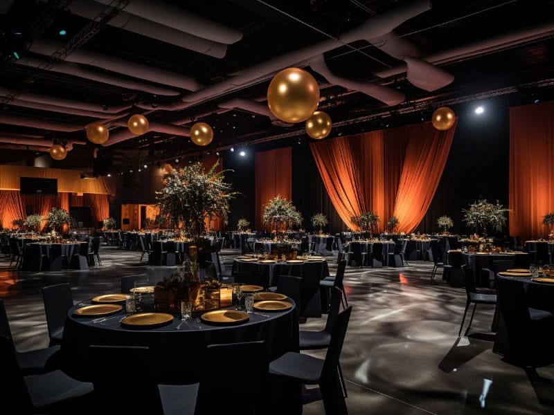 A banquet hall with black tables and gold balloons ready for Amazing Corporate & Company Parties.