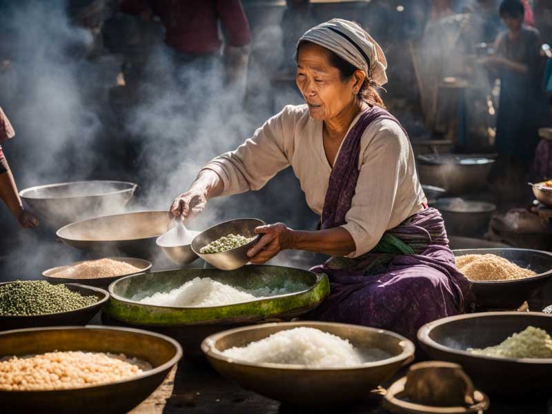 A woman is preparing a Mohinga breakfast in a market.