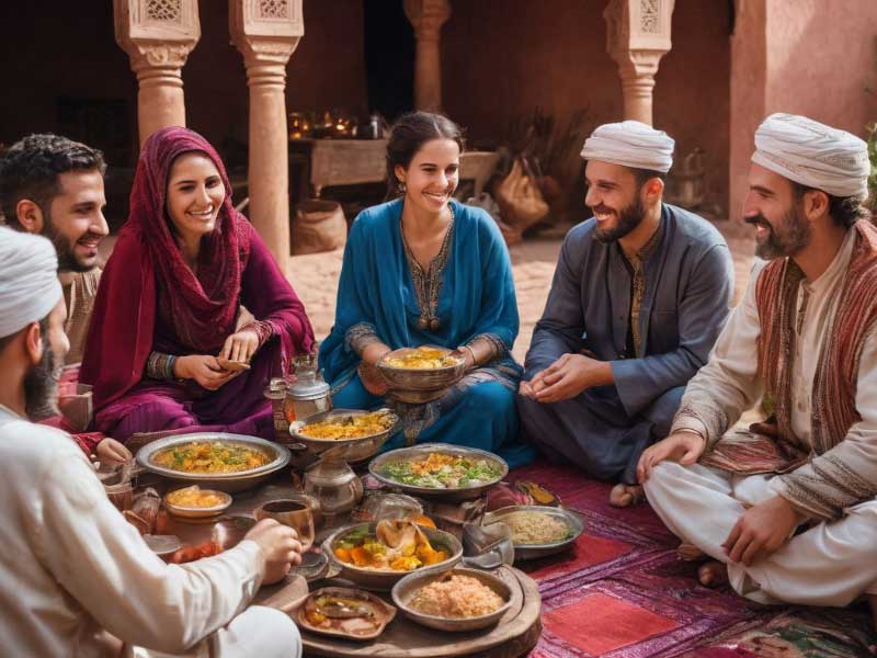 A group of Moroccan people sitting around a table eating food.