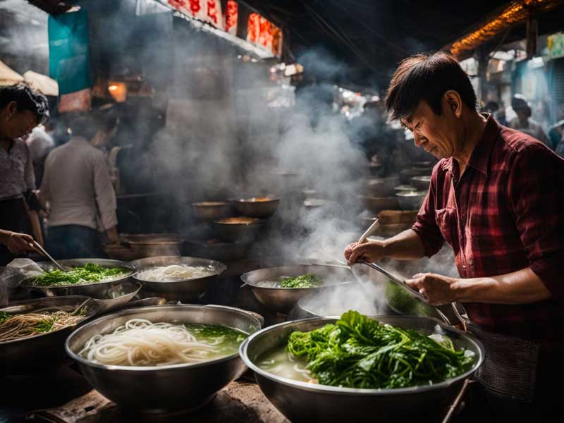 A man is preparing Pho bo Breakfast in an asian market.