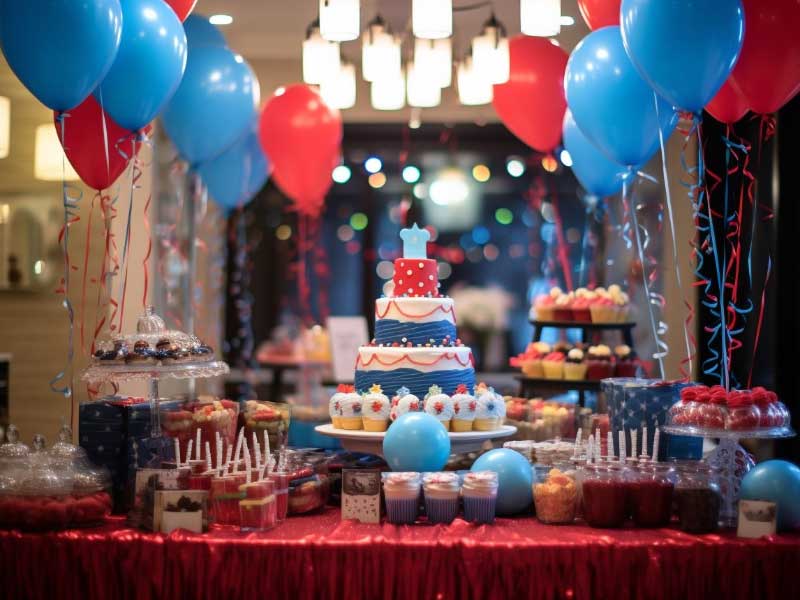 A birthday party table with balloons, cake and cupcakes.