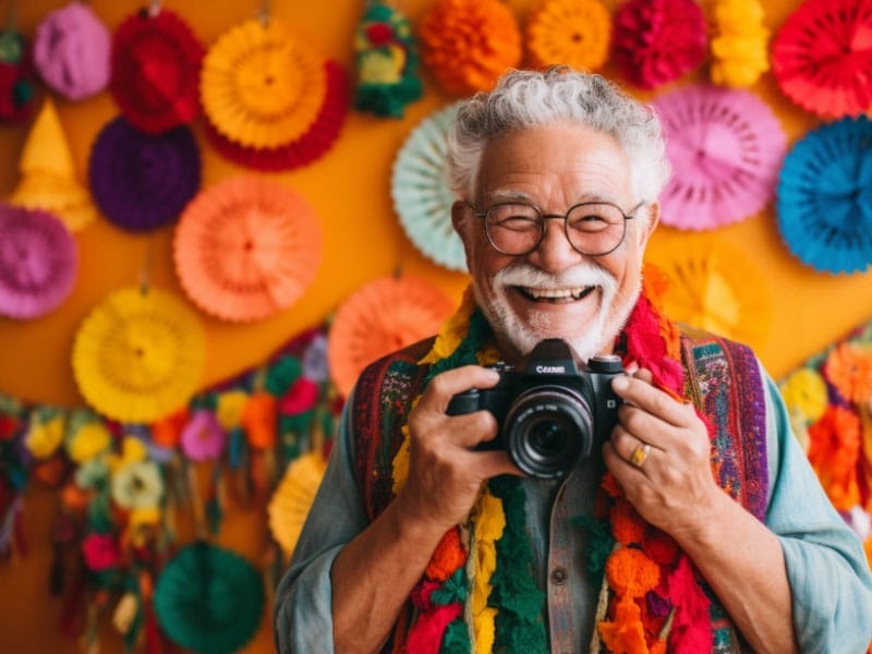 An older man taking a picture with a camera.
