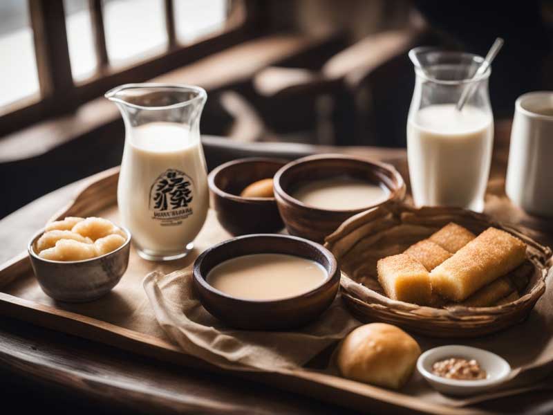 A tray of Shaobing Soy Milk & Youtiao on a wooden table.