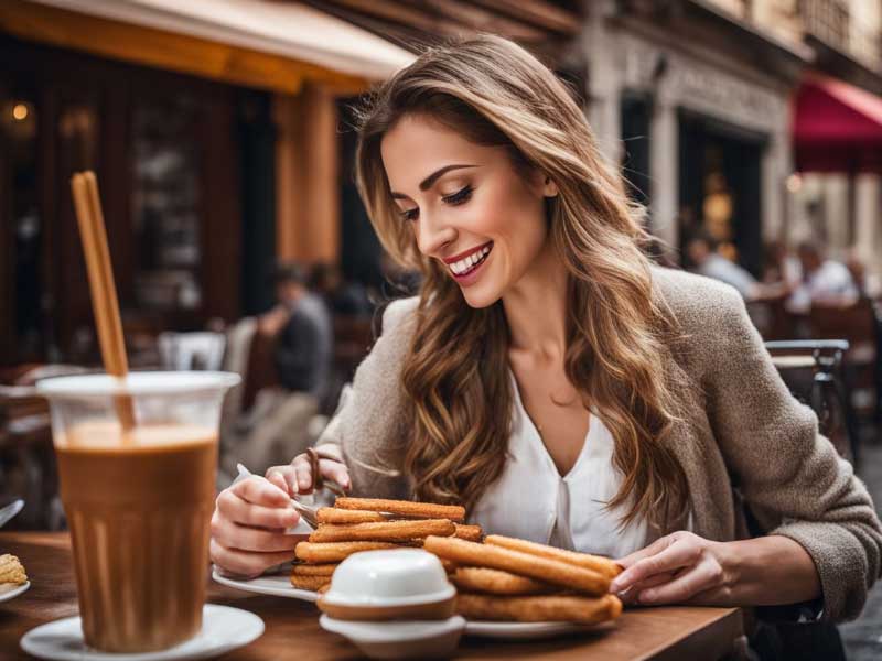 A woman is eating a croissant and coffee in an outdoor cafe.