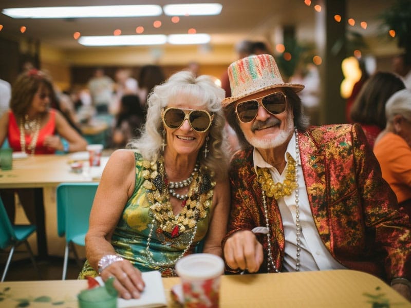 A man and woman dressed in colorful clothing pose for a photo at a retirement reception.