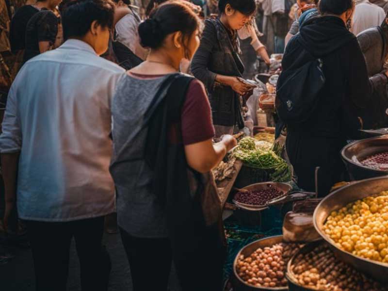 A group of people standing in a line at a market.