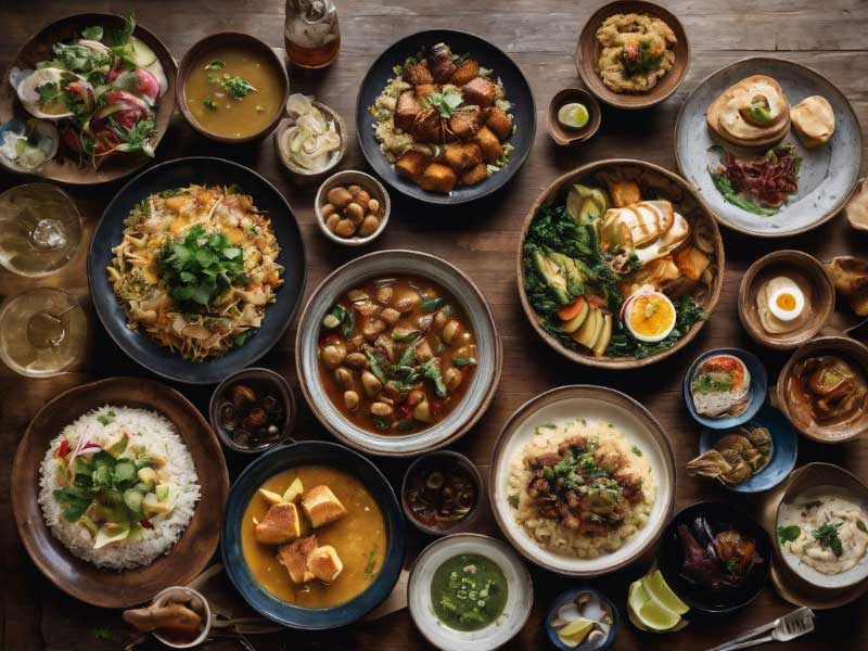 A table full of different Lunch foods from Around The World.