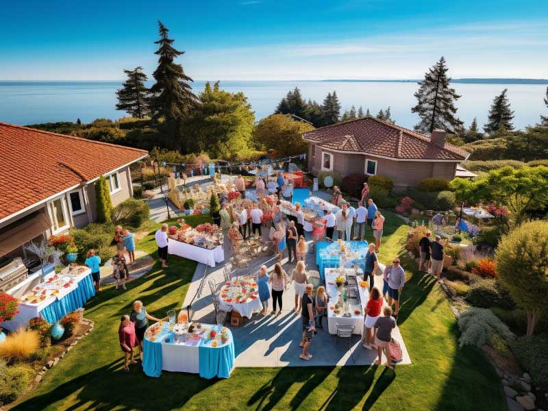 An aerial view of a retirement party in a backyard.