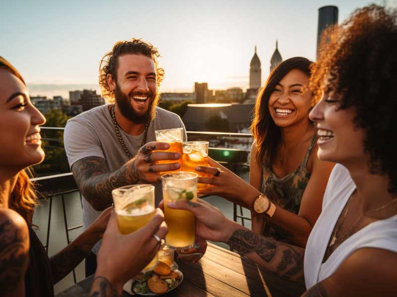 A group of friends toasting drinks on a rooftop for a birthday party.