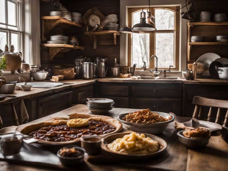 A kitchen with classic American comfort foods on a table.