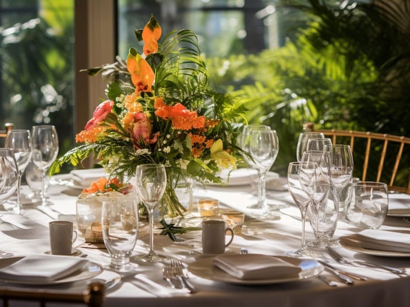 A table setting with orange flowers and white plates for an Anniversary Reception.
