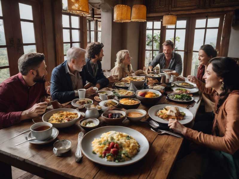 A group of people enjoying a traditional breakfast at a table.