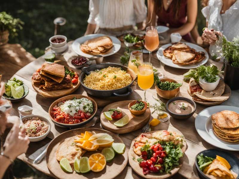 A group of women are sitting around a table full of Americas Brunch Examples.