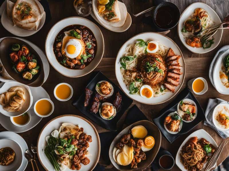 A wooden table full of Asia Brunch Examples.