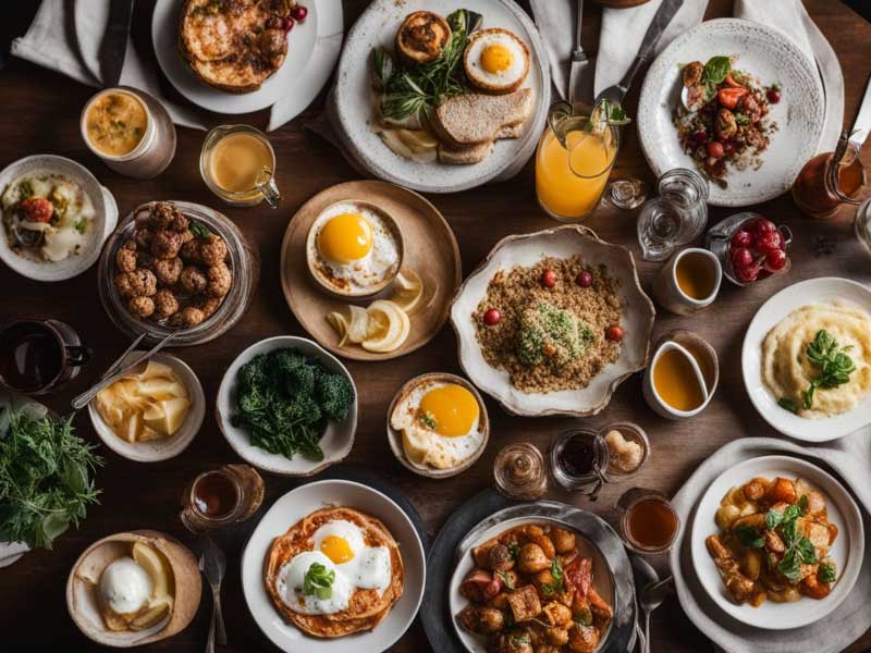 A table full of Brunch Delicacy examples From Around the World on a wooden table.