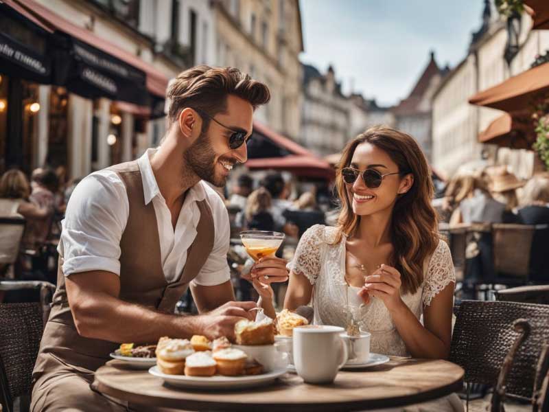 A man and woman enjoying a Europeon Brunch at an outdoor cafe.