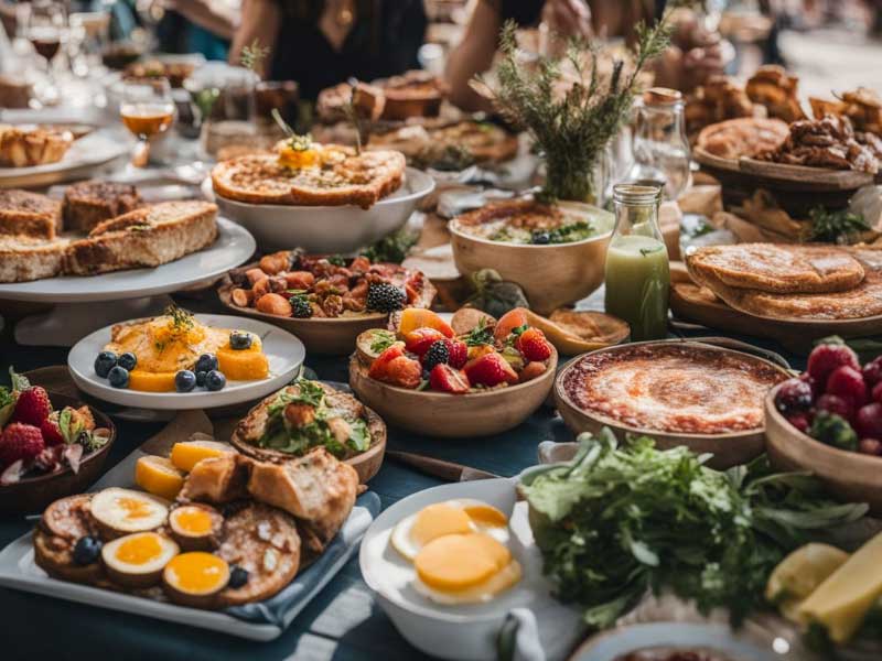 A table full of Brunch food on a table.