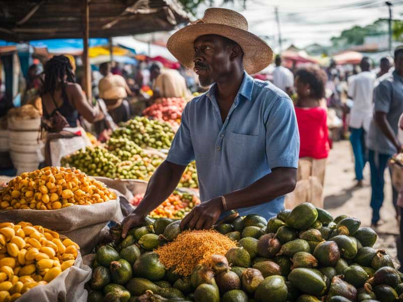 A man in a hat is selling fruit at an outdoor market. This is a Jamaica Brunch Example.