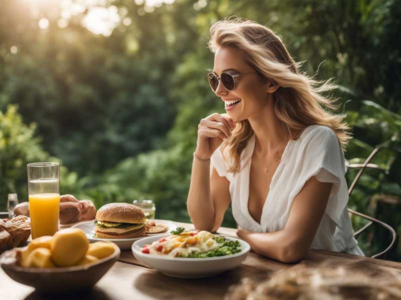 Woman smiling at outdoor table with a breakfast meal.