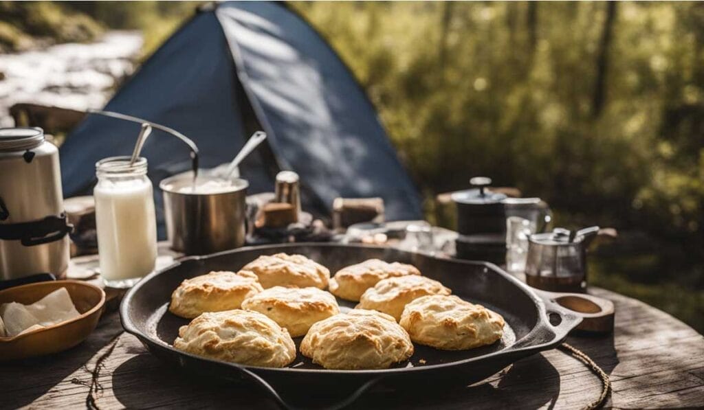 Campsite breakfast with freshly baked biscuits and coffee.