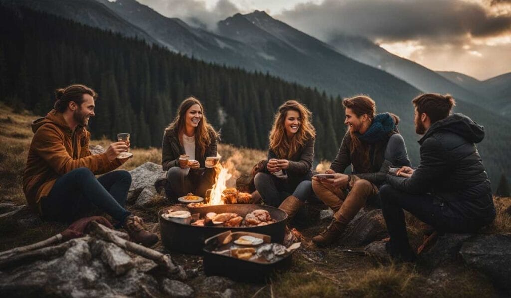 Group of friends enjoying a campfire meal in the mountains at dusk.