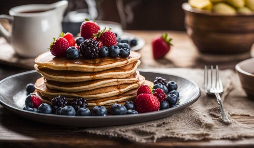 Stack of pancakes with fresh berries on a plate, accompanied by a cup of coffee in the background.