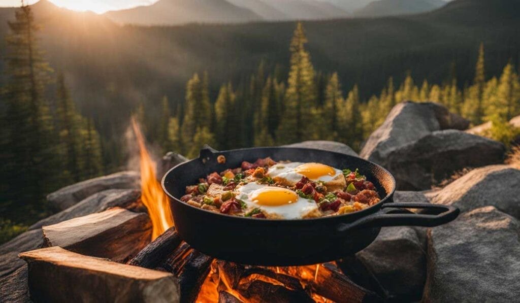 Cooking breakfast in a cast-iron skillet over an open fire amidst a mountainous backdrop at sunrise.