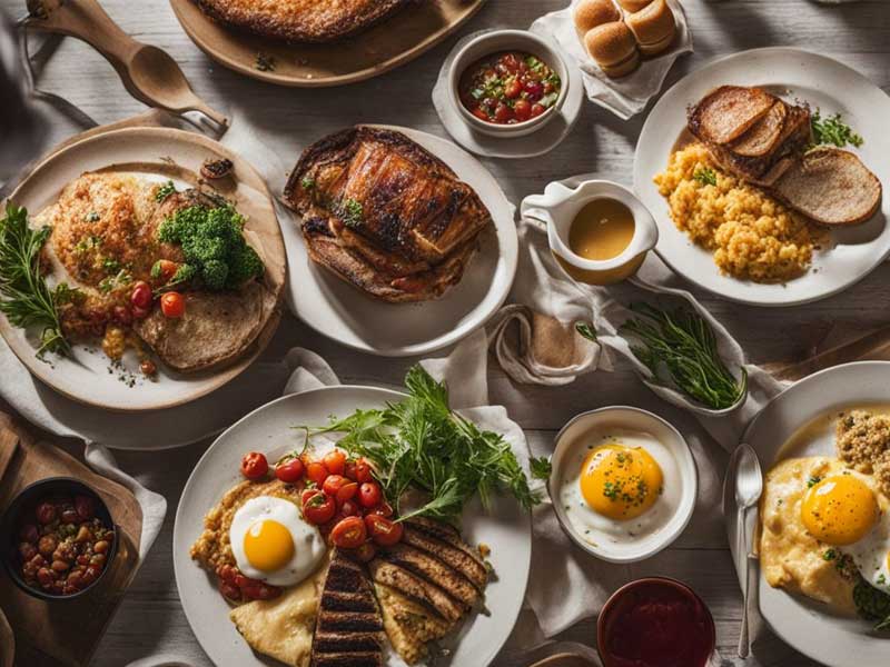 A spread of various dishes including roasted meat, eggs, and vegetables on a wood table.
