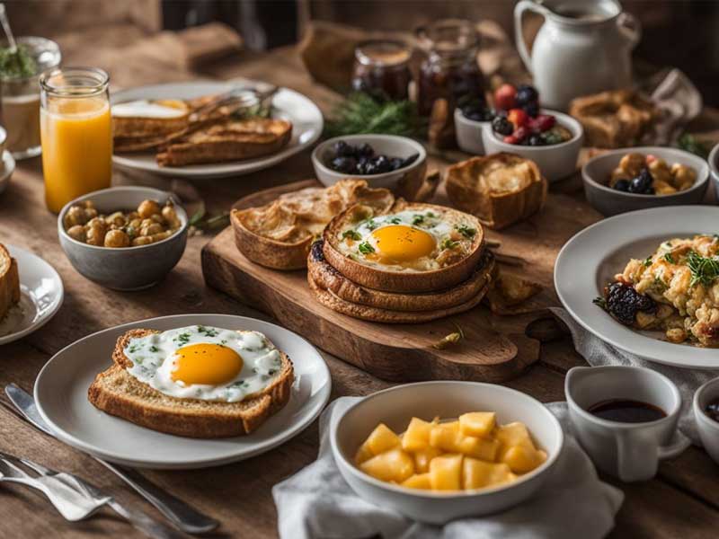 Hearty breakfast spread with eggs, toast, fruit, and coffee on a wooden table.