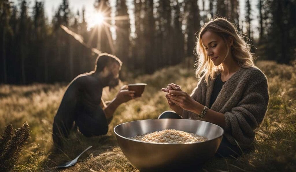 Two people enjoying breakfast outdoors at sunset.