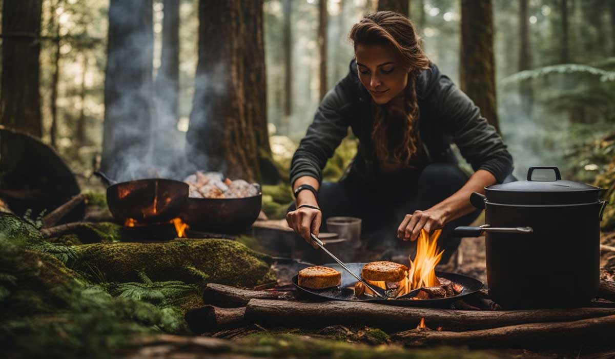 Woman cooking breakfast over a campfire in the forest.